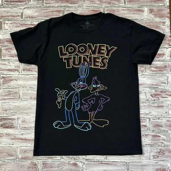 Looney Tunes Bugs Bunny Daffy Duck Neon Print Black Graphic T-Shirt Size M - Picture 4 of 9